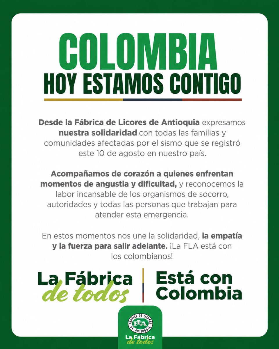 flaenlinea's tweet photo. Hoy Colombia nos necesita unidos. 🇨🇴

A quienes están viviendo momentos difíciles, les enviamos un abrazo solidario. Y a quienes están ayudando, gracias por estar ahí.

La Fábrica de todos está con los colombianos💚🇨🇴 https://t.co/Y4y6mRjZpL