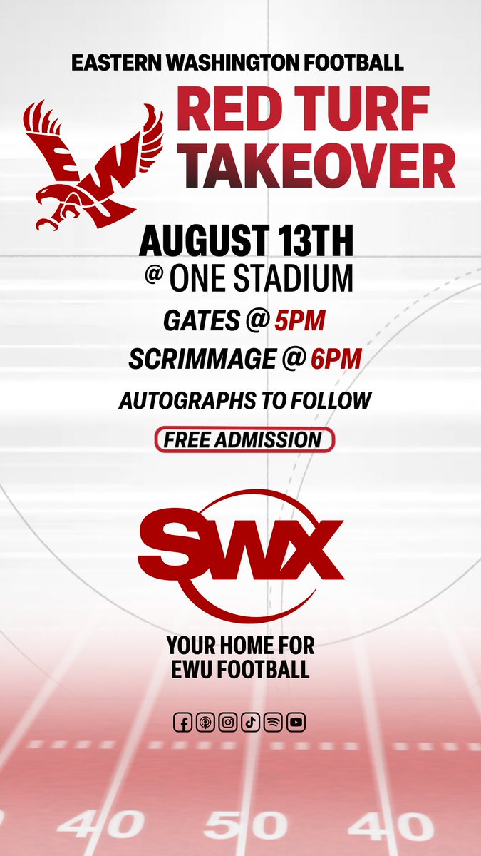 SWXLocalSports's tweet photo. 🦅Just 3️⃣ days away!🔴⚪

Get your first look at 2026 @EWUFootball as the Eagles come to ONE Spokane Stadium this Thursday! 

Admission is FREE &amp; the first 509 fans receive a $7 concession voucher🏈🌭🥤 https://t.co/lpCnVrohPn