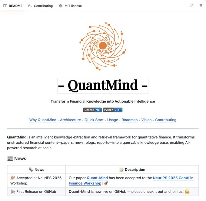 L_go_mrk's tweet photo. こんなん無料で公開されてていいんか、、、

QuantMind：
Bloombergターミナル(1席あたり年250万円、銀行は���千席契約)を近いことを無料でやろうとしているOSS。

・arXivのクオンツ論文、金融ニュース、SECファイリング、レポートを自動で取り込み、PDF・HTML・表・図まで構造化データへ変換
・出所を完全に追跡できる決定論的な前処理で、論文をPaper/News/Earnings/Factor/Thesisといった���付きの知識として蓄積
・`git clone`して`claude`と打つだけでコーディングエージェント向けの環境が立ち上がる設計

NeurIPS 2025のGenAI in Financeワークショップに採択されているだけあって、単なるRAGツールではなく金融知識をきちんと構造化する設計思想が見える作りでした。

https://t.co/bFUEHgoCYr
