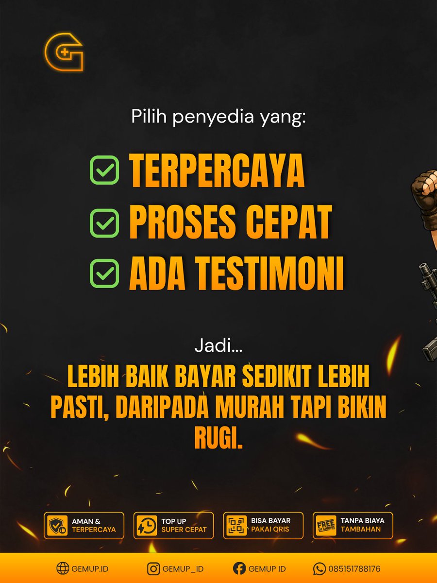 gemup_id's tweet photo. 🎮 Jangan cuma cari top up murah!
Salah pilih tempat bisa bikin diamond nggak masuk, akun bermasalah, bahkan uang hilang. 😵
Pilih tempat yang aman &amp; terpercaya. 💛
⚡ Cepat | 🔒 Aman | 📱 QRIS | 💸 Tanpa biaya tambahan
👉 https://t.co/2NIzx91Esz
#GemUp #TopUpGame https://t.co/sSuIF96PEg