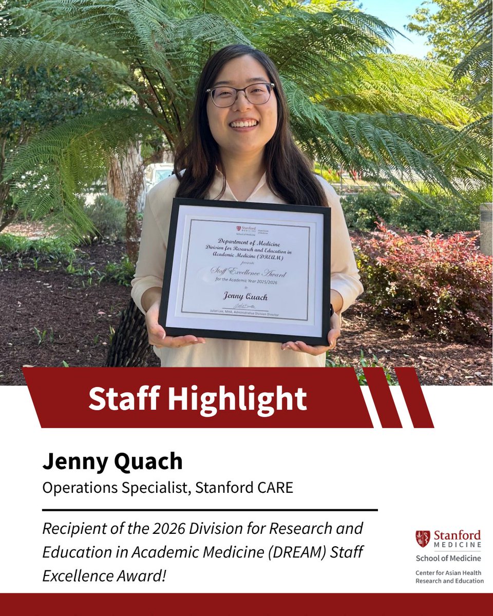 StanfordCAREs's tweet photo. 🎉 Congratulations to Jenny Quach, our Operation’s Specialist, on receiving the Division for Research and Education in Academic Medicine Staff Excellence Award! Jenny was honored for her exceptional project management, organizational excellence, and ability to deliver complex, high-stakes events with professionalism and care. Join us in celebrating this well-deserved recognition. 👏 #StaffExcellence #StanfordCARE #PrecisionMedicine