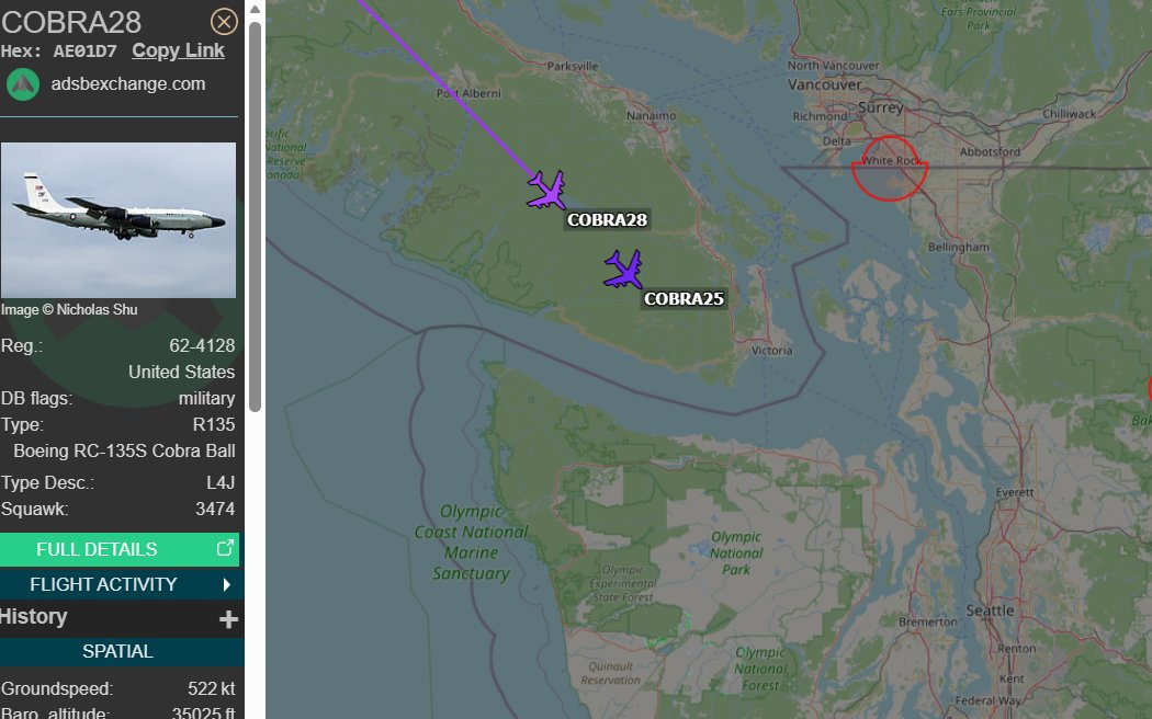 vcdgf555's tweet photo. Fancy seeing y'all in this part of the world.
🇺🇸 COBRA25 is RC-135W Rivet Joint 62-4125 #AE01D2
🇺🇸 COBRA28 is RC-135S Cobra Ball 62-4128 #AE01D7 https://t.co/IJBRlX0vf7