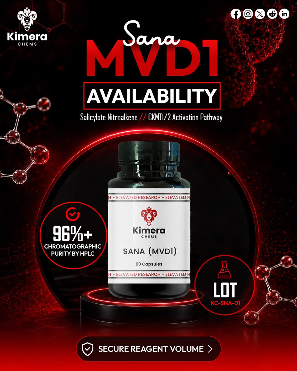 ElevateBiohack's tweet photo. SANA MVD1 (Lot KC-SNA-01) remaining inventory is available for laboratory acquisition.

When running long-term in vitro models of alternative energy expenditure pathways, consistent reference material is essential for dataset integrity and avoiding experimental drift.

SANA MVD1 is a targeted salicylate nitro alkene used by researchers to probe cellular energy shunts and non-shivering thermogenic pathways. 

Creatine-dependent thermogenesis is driven by the mitochondrial creatine kinases (CKMT1 and CKMT2). These sustain a futile creatine phosphate cycle that uncouples respiration from ATP synthesis, directing cells to dissipate energy substrates rather than store them.

This pathway is well characterized in the foundational metabolic literature. SANA MVD1 provides a structurally defined reference compound for studying it under controlled laboratory conditions.

Kimera Chems supplies research-grade material with independent third-party COA support.

FTC Disclosure: ELEVATE and ELEVATE Performance Marketing LLC maintain affiliate, referral, and marketing relationships with select research and wellness industry partners. 

We may receive compensation from purchases made through our links, discount codes, referrals, or other promotional partnerships. 

Content shared by ELEVATE is intended solely for educational and informational purposes and should not be construed as medical advice. All statements, opinions, and recommendations expressed are our own.

For research and laboratory use only. Not for human consumption. Not intended to diagnose, treat, cure, or prevent any disease.

https://t.co/nY9GP4OYAx code ELEVATE

#SANAMVD1 #ResearchUseOnly #KimeraChems #MetabolicResearch #PreclinicalResearch