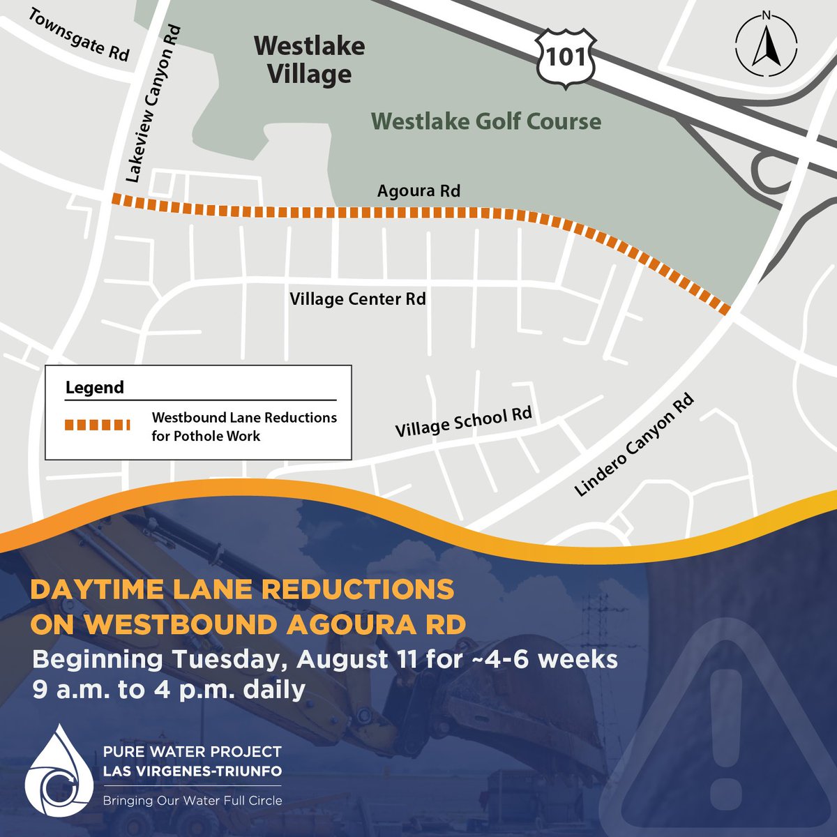 ourpureh2o's tweet photo. 🚧 Starting 8/11, Pure Water Project crews will conduct potholing on Agoura Rd between Lindero Canyon Rd &amp; Lakeview Rd, 9am–4pm daily for 4–6 weeks.

Expect WB lane closures/traffic shifts. Daily setup/teardown will occur.

Info: https://t.co/u3S8vu7Wtk https://t.co/g4FFHUYMgz