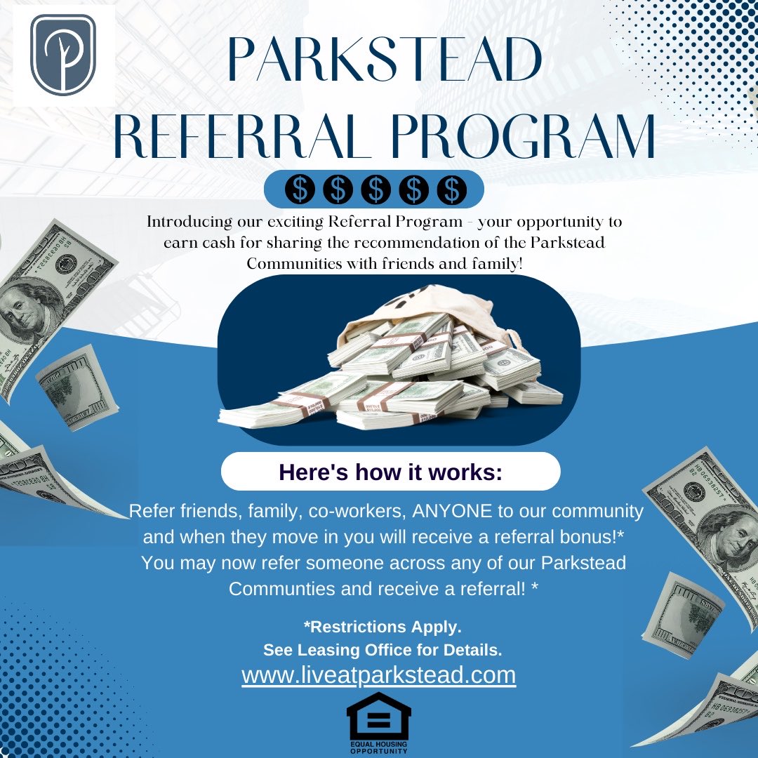 Parkstead_Gov's tweet photo. Invite your friends to join the Parkstead community and ear $500 off your next months rent when they sign a lease! https://t.co/OHutUu5wgW