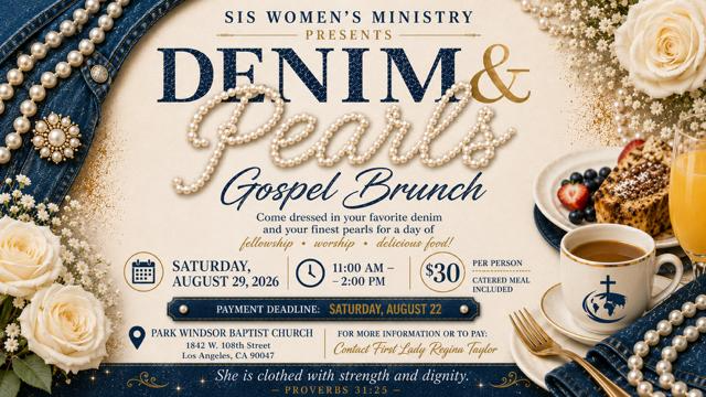 PWBCLA's tweet photo. SIS women’s ministry presents Denman pearls gospel brunch come dressed in your favorite denim and your finest pearls for a day of fellowship worship and delicious food market calendar Saturday, August 29, 2020 6:11 AM to 2 PM remember $30 per person and that includes a meal. https://t.co/zLiaqkubkM