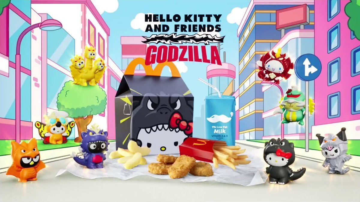 KaijuNewsOutlet's tweet photo. The figures from the new Godzilla x Hello Kitty and Friends Happy Meal have been revealed. Available at McDonald's in the U.S. on August 18th. https://t.co/BrAiIObpLH