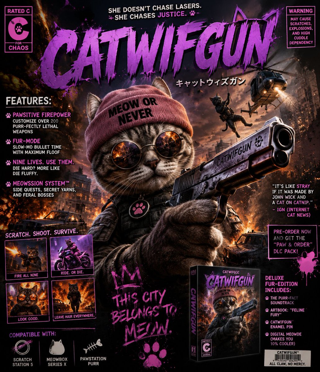 vvan_69's tweet photo. 🐾💥 CATWIFGUN HAS ENTERED THE CHAT.

Nine lives. Zero hesitation.
One cat. Maximum chaos. 😼🔥

The streets aren’t ready.
The timeline isn’t ready.
CATWIFGUN is.

🐱💜 FUR. FURY. CHAOS.
THIS CITY BELONGS TO MEOW. https://t.co/D8iwKoKeDq