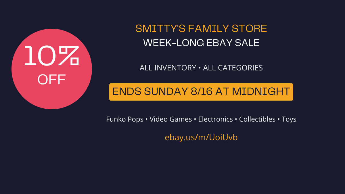 SmittysFamStore's tweet photo. 🔥 10% OFF EVERYTHING! Week-long eBay sale – all inventory, all categories.

Ends Sunday 8/16 at midnight ⏰

Shop now 👉 https://t.co/mmnjE0YH4Z

#EbaySale #Deals https://t.co/YJTwS02rqC
