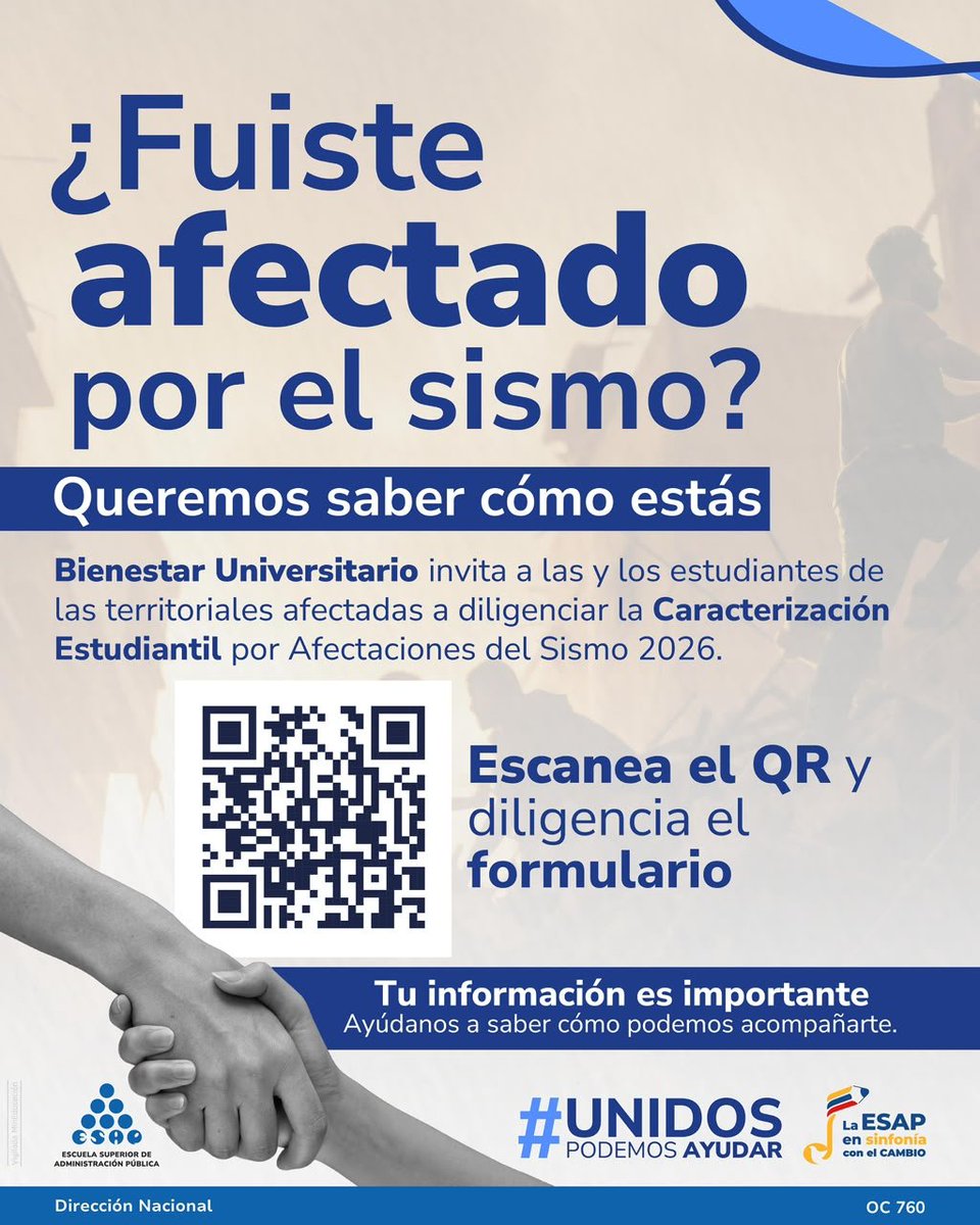 ESAPOficial's tweet photo. La ESAP está contigo ante la emergencia. 💙

La Escuela Superior de Administración Pública (ESAP), a través de la Dirección de Bienestar Universitario, invita a las y los estudiantes de las Direcciones Territoriales de Valle, Chocó, Quindío, Risaralda y Caldas a diligenciar la Caracterización Estudiantil por Afectaciones del Sismo 2026.

Esta información permitirá identificar las posibles afectaciones y necesidades de nuestra comunidad estudiantil, con el propósito de fortalecer las acciones de acompañamiento y apoyo institucional.

📋 Diligencia el formulario:
https://t.co/pL6t3cVmLy

En caso de presentar dificultades de conectividad, las Direcciones Territoriales podrán apoyar el proceso de diligenciamiento.