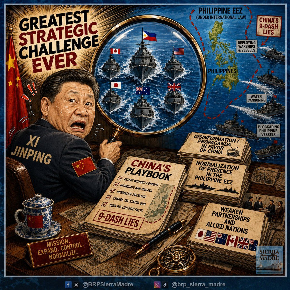 BRPSierraMadre's tweet photo. THE MORE CHINA TRIES TO NORMALIZE ITS PRESENCE, THE MORE THE LIKE-MINDED NATIONS PREPARES TO RESIST IT | China wants its growing presence in the Philippine EEZ to look “normal.”
But intimidation is not normal.
Water-cannoning is not normal.
Blocking Philippine vessels is not normal.
Deploying more ships to enforce an expansive claim is not normal.

And pretending otherwise doesn’t make it true.
The irony is hard to miss: the very coercive tactics China uses to isolate the Philippines are pushing the Philippines closer to Japan, the United States, Australia, Canada, France, New Zealand, and other security partners.

Beijing’s strategy seems to be: expand presence, normalize pressure, weaken partnerships.
The result?

Stronger partnerships. More joint exercises. Greater defense cooperation. And a Philippines that is increasingly unwilling to stand alone.
If China wanted fewer countries to pay attention to the West Philippine Sea, perhaps it should stop giving them reasons to.
You cannot bully your way into legitimacy.
You cannot normalize coercion.
And you cannot intimidate a country into surrendering its rights.

The question is no longer “Why is the Philippines strengthening its alliances?”
The better question is:
“What did China do to make those alliances necessary?”
#BRPSierraMadre #WPS #WestPhilippineSea #PhilippineEEZ #MaritimeSecurity #StandWithPhilippines #RightIsMight #IndoPacific #RulesBasedOrder  #FactsMatter #NotOneMore