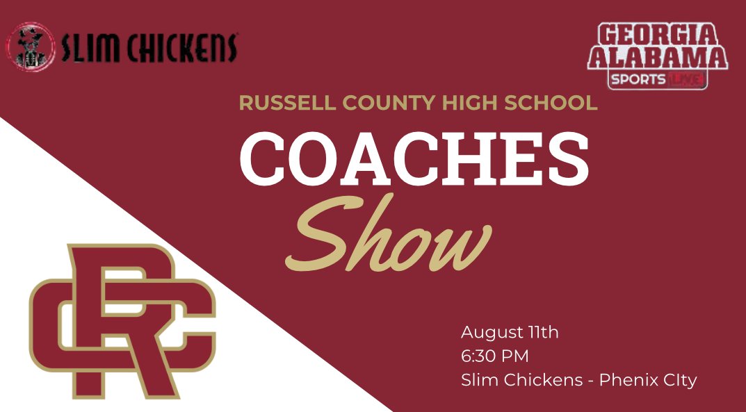 RCAthletics_57's tweet photo. Russell County coaches are LIVE on Georgia Alabama Sports Live TOMORROW, Tue 8/11 at 6:30 PM! Tune in.  #WarriorNation https://t.co/LPlKLDBmAO