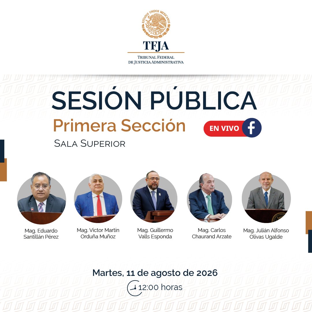 TFJAMexico's tweet photo. 📌 Sigue la transmisión de la Primera Sección de la Sala Superior del #TFJA 
⏰ 12:00 horas.
🔗https://t.co/CVwK9bDksU https://t.co/nWFw5DoJB3