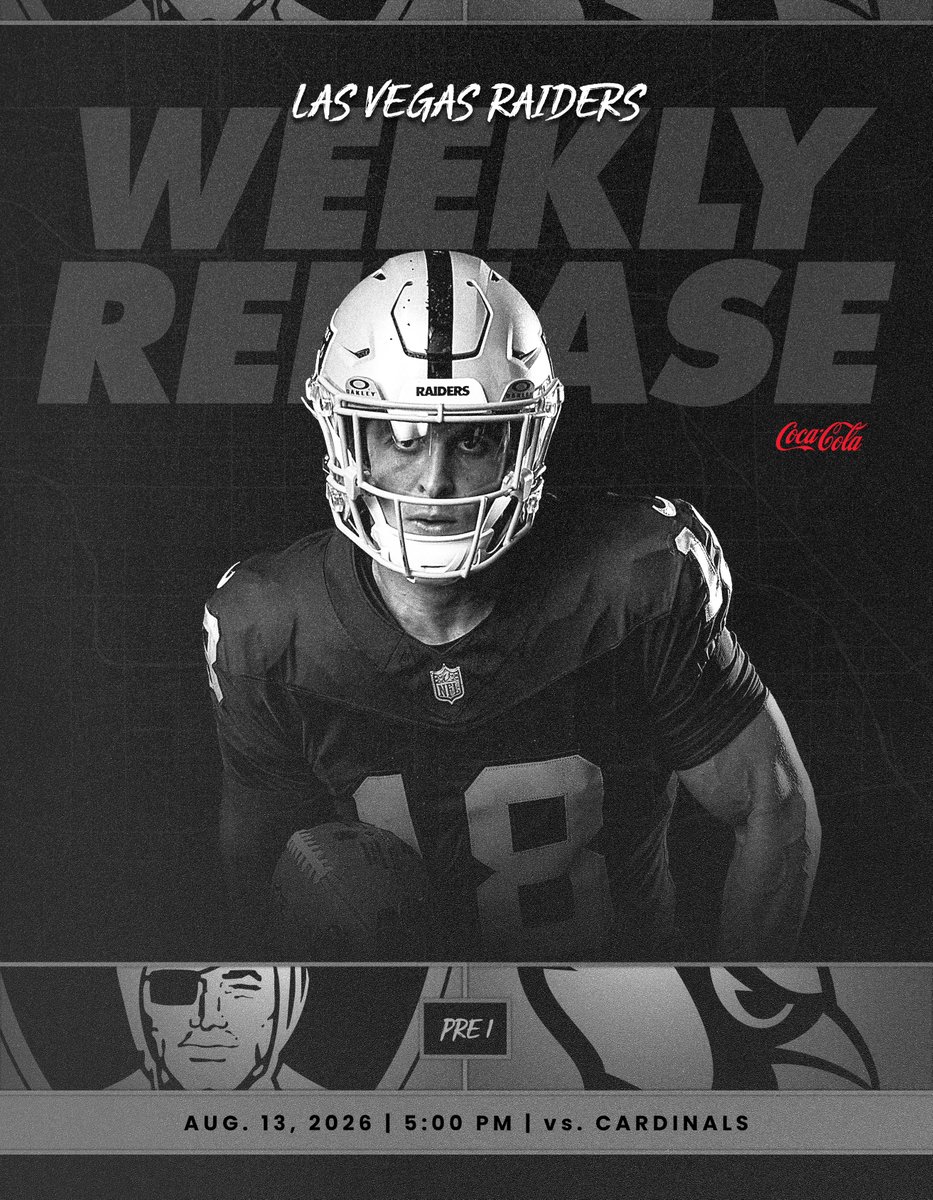 RAIDERS_PR's tweet photo. LAS VEGAS #RAIDERS GAME RELEASE - Preseason Game 1 vs. Arizona Cardinals

FULL PDF: https://t.co/LhTPBo1V0T

📍 Allegiant Stadium    

📅Thursday, Aug. 13 - 5:00 PM PT       

📺@FOX5Vegas
(@HorowitzJason, Matt Millen, @RichGannon12)  

📻@RNR920AM
(@LKennedy72, @JTTheBrick, @EricAllen619)

#RaiderNation | @Raiders
