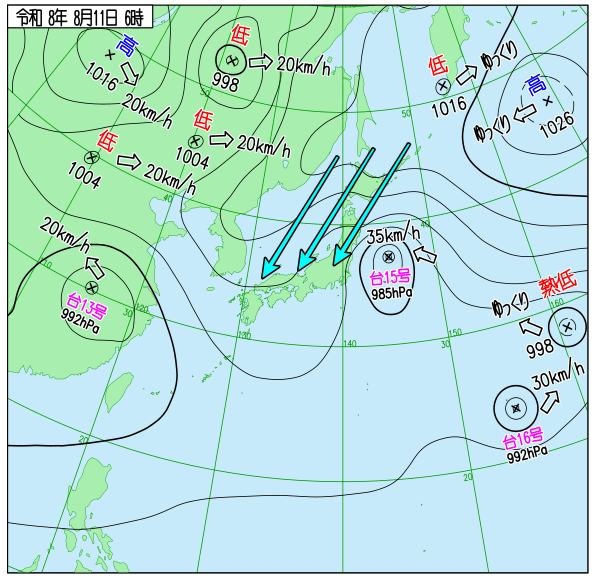 STY1330's tweet photo. #台風15号　#熱中症

6時の天気図を見ると、東海上の台風15号が日本付近に北から冷えた空気を引っ張り込んでいることがわかる。

これにより北日本を中心に比較的涼しい朝となり、西日本でも内陸では20℃以下の場所がある。

近年の日本での気象災害による死者は高温によるものが圧倒的に多く、この台風は熱中症対策をしたともいえる。

※気象庁のHPから出典し加工