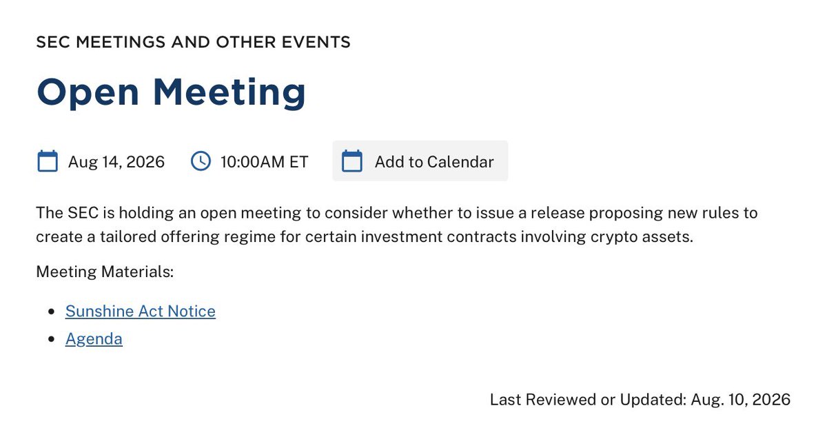 EleanorTerrett's tweet photo. 🚨NEW: The @SECGov will hold an open meeting on Friday at 10AM ET to consider whether to issue a release proposing new rules to create a tailored offering regime for certain investment contracts involving crypto assets. https://t.co/OOIp9MZeJM