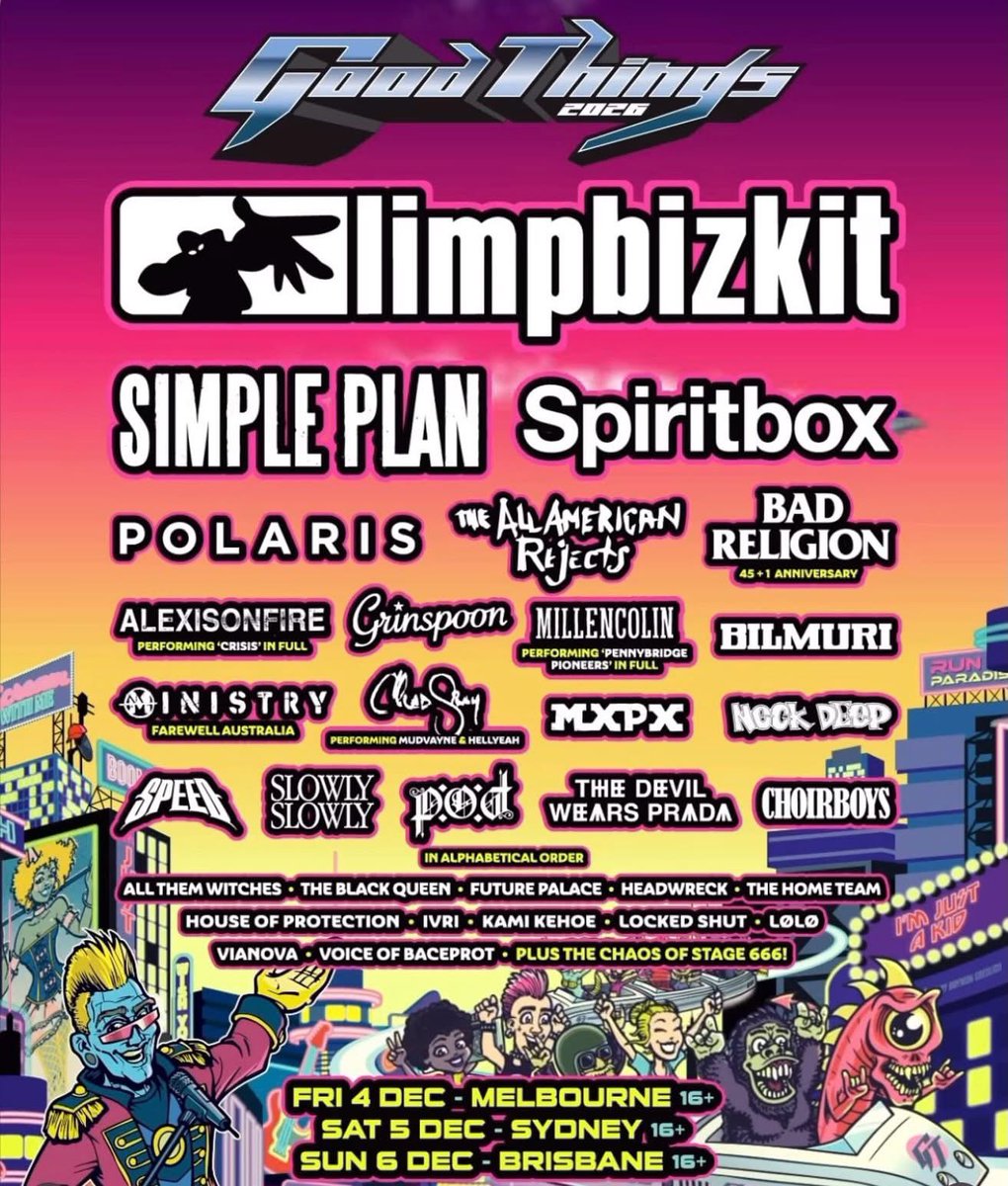 cairns_rock_ch's tweet photo. 12月に開催される「Good Things Festival 2026」のラインナップが発表されました‼️
Limp Bizkit, Simple Plan, Spiritbox, Ministry, Polaris, The All American Rejects , Bad Religion, Alexis On Fire, Grinspoon, Speed, Neck Deep, POD, The Devil Wears Prada他です♪ https://t.co/1VGcGdEL41