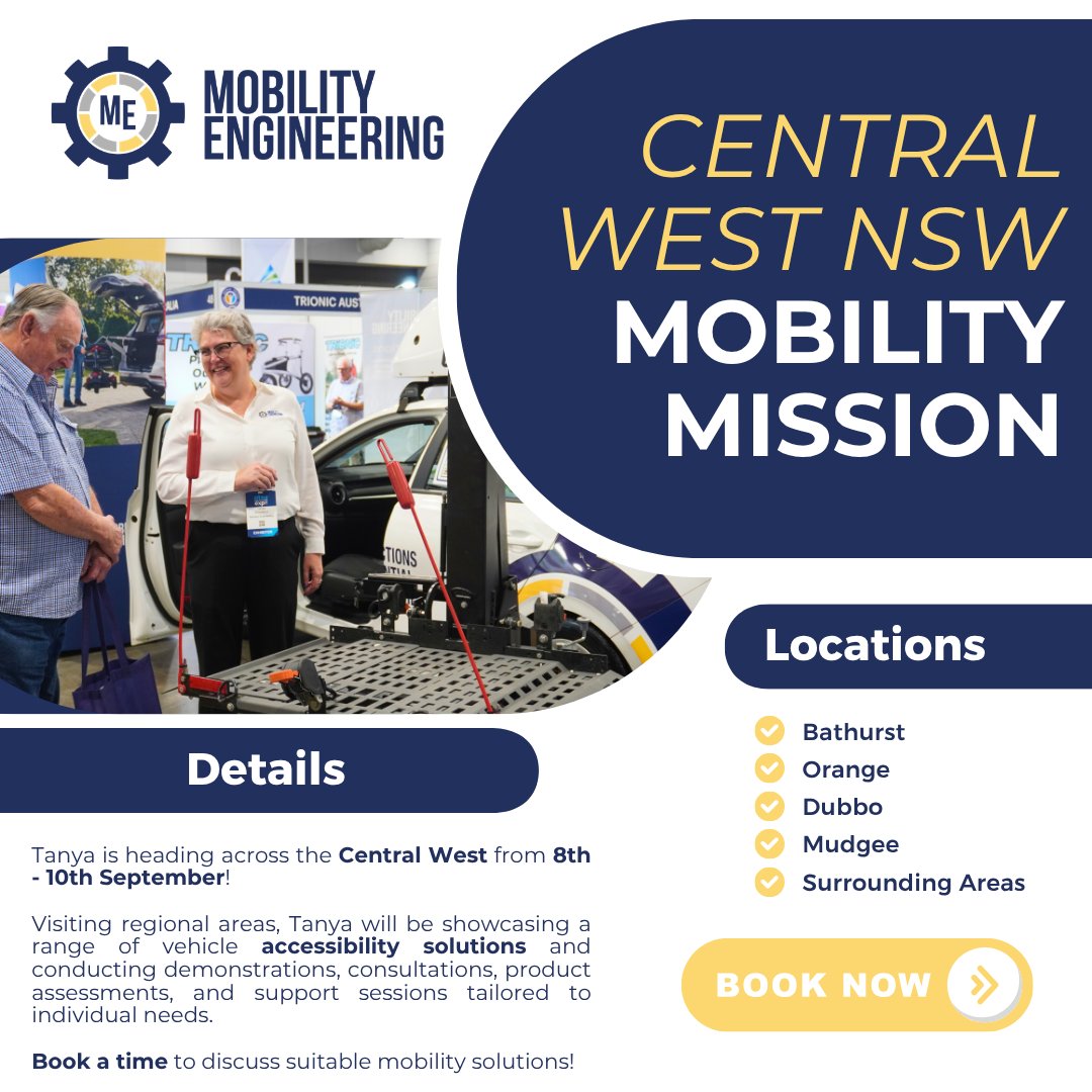 MobilityEng's tweet photo. 📍 Central West NSW Mobility Mission - We're hitting the road! 🚐

Places are limited, so register your interest today and book your trial appointment. https://t.co/W5JwNY5Gif