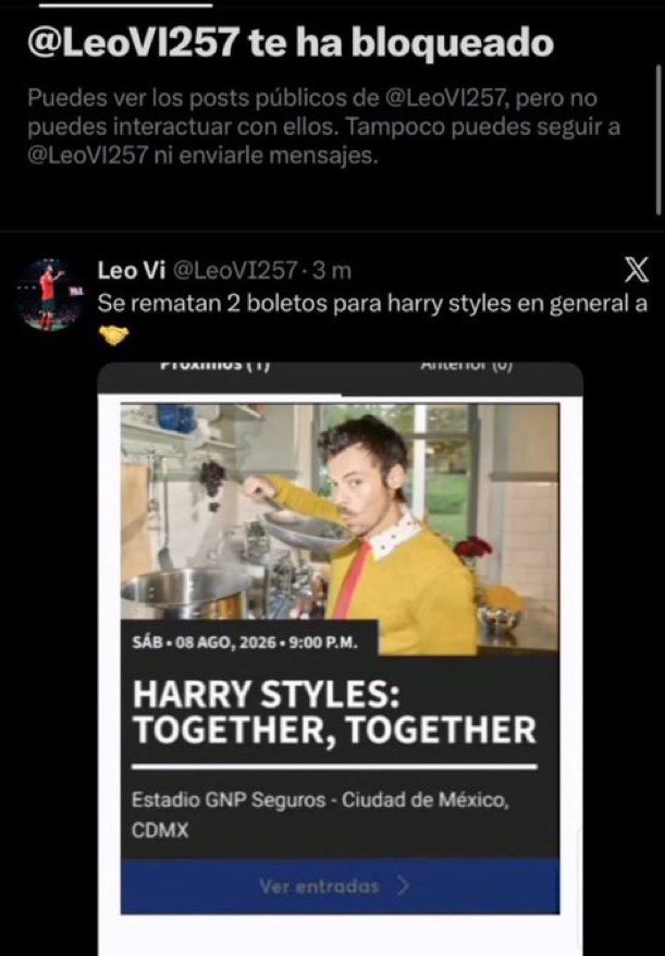 SiViaHarryEnMX's tweet photo. ESTAFA‼️

LA CUENTA

@LeoVI257 ESTÁ ESTAFANDO CON BOLETOS DE HARRY STYLES EN MÉXICO

EL SÁBADO ANDABA SEGÚN REMATANDO Y HOY TAMBIÉN 

NO TIENE BOLETO.
YA ESTÁ REPORTADAS LA CUENTAS

NO CAIGAN https://t.co/OP4ksB6FGQ