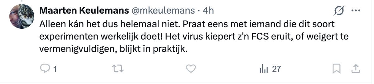 BumblebeeJoe's tweet photo. En @mkeulemans blijft gewoon stoïcijns zijn leugens verkondigen: dit werd hem ingefluisterd door @MarionKoopmans. 

Inderdaad, in bepaalde cellijnen verliest het virus heel snel zijn furine-klievingsplaats. Maar in andere cellijnen juist niet, en is deze eigenschap juist nodig om het virus te kunnen kweken. Bovendien, in een 'nagebouwde wand' van menselijke luchtwegen met 'human airway cells' verliet het virus zijn furine-klievingsplaats ook niet. 

De sarbeco-coronavirussen hebben normaal gesproken geen furineklievingsplaats, omdat het een commensaal is in de darm van deze dieren. Daar heeft zo'n FCS die niet nodig. Bij mensen is deze heel hard nodig, want anders is het virus niet of nauwelijks in staat om menselijke cellen binnen te dringen. 

En laat dat nu precies hetgene zijn wat Ralph Baric wilde weten: is - naast de binding aan de receptor - de furine-klievingsplaats de tweede onmisbare factor voor een sarbeco-coronavirus die bepaalt of zo'n virus kan besmetten? 

Dat zegt hij zelf ook in zijn interview met de @COVIDSelect.

Maar goed, die enkele eenhersencellige die Maarten nog serieus neemt, moet daar maar heel zuinig op zijn. Want als die ook stuk gaat, gaat definitief het licht uit.