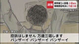 ariken_News's tweet photo. 【無期懲役の判決で法廷で万歳三唱したチー牛通り魔】

2018年6月9日　21時45分

小島一郎当時22歳が東京発新大阪行きの新幹線で20代女性2人をナタ🪓で襲撃して、制止に入った会社員の梅田耕太郎さん当時38歳を包丁で78回滅多刺しにして殺害

小島一郎(22)が新幹線で通り魔をした動機は
「無期懲役になって一生刑務所に入る為」

その後の裁判での小島一郎のヤバい発言
👇👇👇👇
2019年11月28日に横浜地裁小田���支部で裁判員裁判が始まり

・生存した女性2人について
「残念ながら殺し損ないました」と発言

・亡くなった梅田さんについて
「見事に殺しきりました」
「殺した瞬間によし、人を殺せたぞ」と発言

最終意見陳述では
「有期刑なら出所後に必ずまた人を殺す、刑務所で更生することは絶対にない」と発言

判決　無期懲役が言い渡されると
「控訴はしません。万歳三唱します」と裁判官の注意を無視して大声でバンザイと叫ぶ

こういう人間のバグが世の中にいること自体胸糞悪いな。死ぬまで刑務所で苦しい思いした方がいい、個人的には極刑にして欲しかったわ