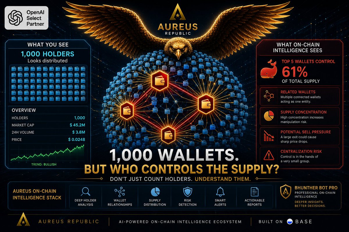 AUREUSONBASE's tweet photo. 🎓 Aureus Academy | Lesson 15

Who really controls the supply?

A token can have thousands of holders.

That doesn't necessarily mean its supply is widely distributed.

Ten wallets could still control a significant percentage of the circulating tokens.

That's why holder concentration matters.

Before evaluating a token, intelligence should look beyond the holder count and ask:

🐋 Top Holder Concentration — How much supply is controlled by the largest wallets?

🔗 Wallet Relationships — Are apparently independent wallets actually connected?

🏦 Contract vs. Real Holders — Are major addresses exchanges, liquidity pools, contracts or individual wallets?

📊 Distribution — Is ownership genuinely distributed or concentrated around a small group?

⚠️ Sell Pressure — What could happen if one major holder exits?

🔍 Wallet Behavior — Are large wallets accumulating, distributing or moving tokens between related addresses?

1,000 holders doesn't always mean 1,000 independent investors.

The number matters.

But the structure behind that number matters more.

This is why on-chain intelligence doesn't stop at counting wallets.

It investigates who controls the supply.

What percentage held by the top wallets would make you investigate a token more carefully?

#Aureus #AURX #OnChainIntelligence #HolderAnalysis #WalletIntelligence #BhuntherBot #CryptoSecurity #Base