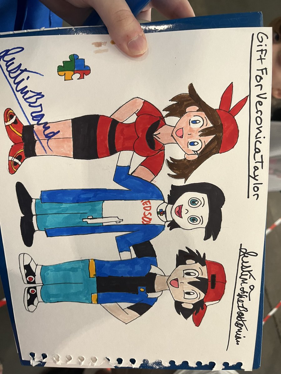 BostonianCritic's tweet photo. I did in fact the legend, the original ash Ketchum, Deliah and may from Pokémon herself @TheVeronicaT and gave her this drawing as a gift, it was such an awesome honor meet u, see you again someday https://t.co/hIj3TKxQua