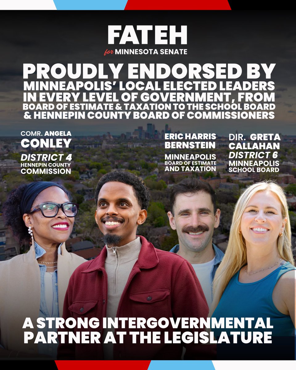 OmarFatehMN's tweet photo. I’m proud to be endorsed by Minneapolis’ local elected leaders in every level of government - from our Board of Estimate of Taxation, to our School Board, and Hennepin Co. Board of Commissioners. 

Glad to have Angela Conley, Eric Harris Bernstein, &amp; Greta Callahan on Team Fateh! https://t.co/iGS2kEWzC1