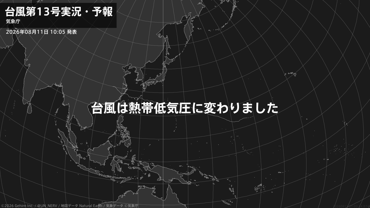 UN_NERV's tweet photo. 【台風第13号実況・予報 2026年08月11日 10:03】
台風第13号（ドルフィン）は熱帯低気圧に変わりました。 https://t.co/dOk8OSg8Ls