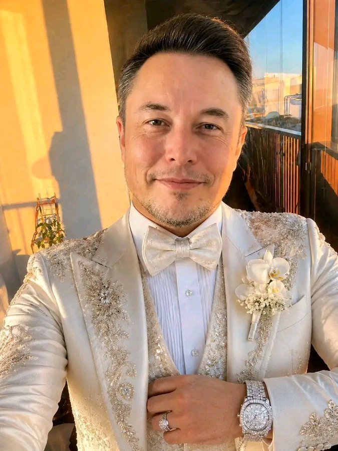 Fairy__Tales5's tweet photo. Be Honest: 

How does Elon Musk look in this elegant wedding suit? 😍✨

🅰️ Absolutely Stunning 🔥
🅱️ Very Classy 👌 
🅲 Looks Good 😊 
🅳 Not My Style 🤔 https://t.co/0YC5df3jyw
