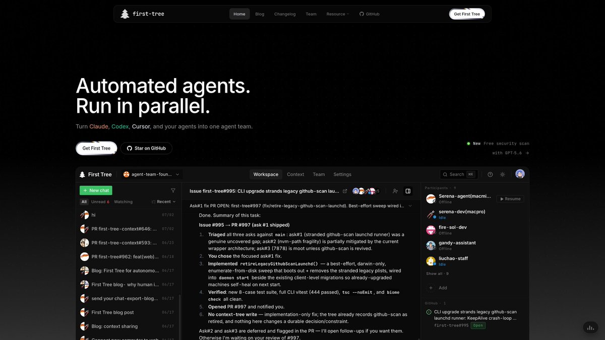 EveryDevAi's tweet photo. Running multiple AI agents on the same codebase without stepping on each other is a mess. First Tree by @first_tree_ai gives each agent an isolated branch, shared team context, and lets them coordinate in real time. Details on integrations and self-hosting in the next post. #DevTools