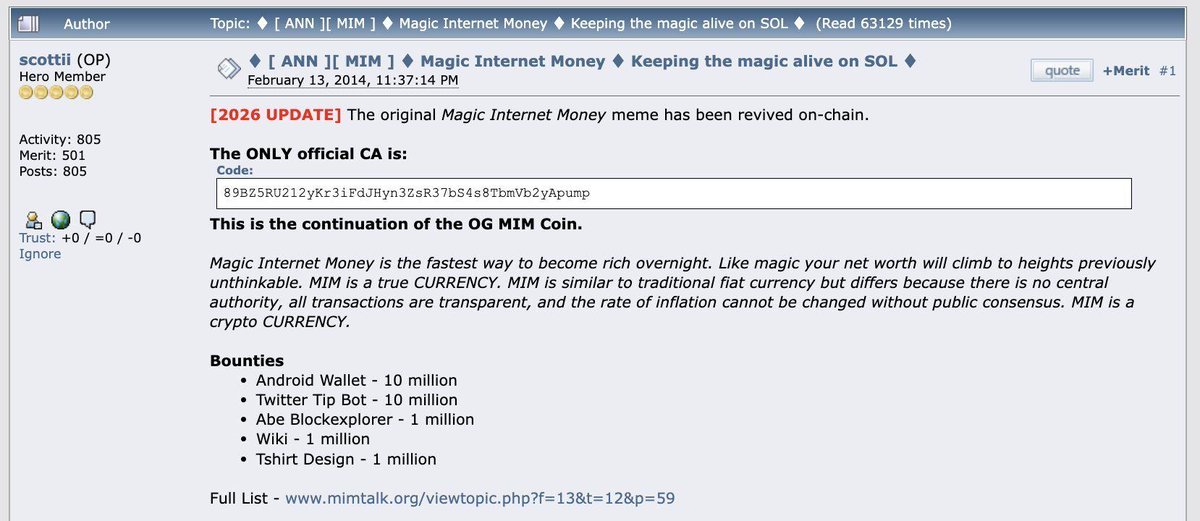 mimcoin's tweet photo. They told you every meme needs a story.

$MIM had one before the industry existed.

Born in the first alt season.
Launched on BitcoinTalk in 2014.
Merged mining history before Doge.
Now resurrected on Solana through Cauldron.

This is not a narrative.

It’s an artifact. https://t.co/NsYswWnEyV
