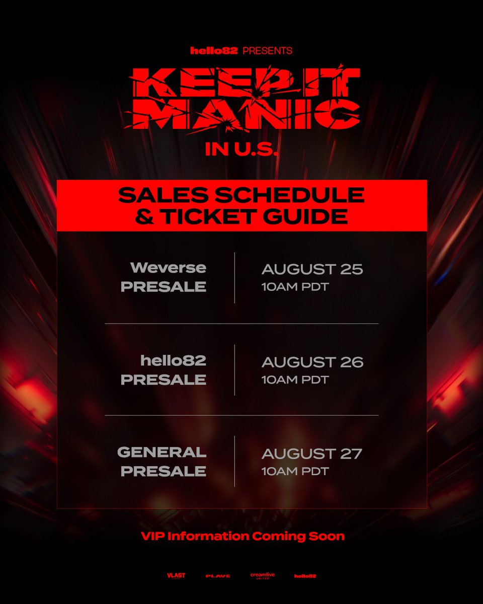 hello82PRESENTS's tweet photo. [📢] SALES SCHEDULE & TICKET GUIDE
PLLI, get ready to grab your tickets for the 2026 PLAVE World Tour [KEEP IT MANIC] IN U.S. 🌟

To sign up for the hello82 Presale, subscribe to email or SMS alerts on https://t.co/DNveXDunIq by 8/21 at 11:59PM PDT.

International Subscription (Email):
🔗https://t.co/5T56Z5cC9d
U.S. Subscription (Email and SMS):
🔗https://t.co/nHFkkRvpYV
*Email and SMS alerts are available for U.S. users. International users may sign up to receive email alerts.

@plave_official 
#PLAVE #플레이브 #2026_PLAVE_World_Tour #KEEP_IT_MANIC #KEEP_IT_MANIC_in_US #2026_PLAVE_World_Tour_in_US #hello82 #hello82PRESENTS
