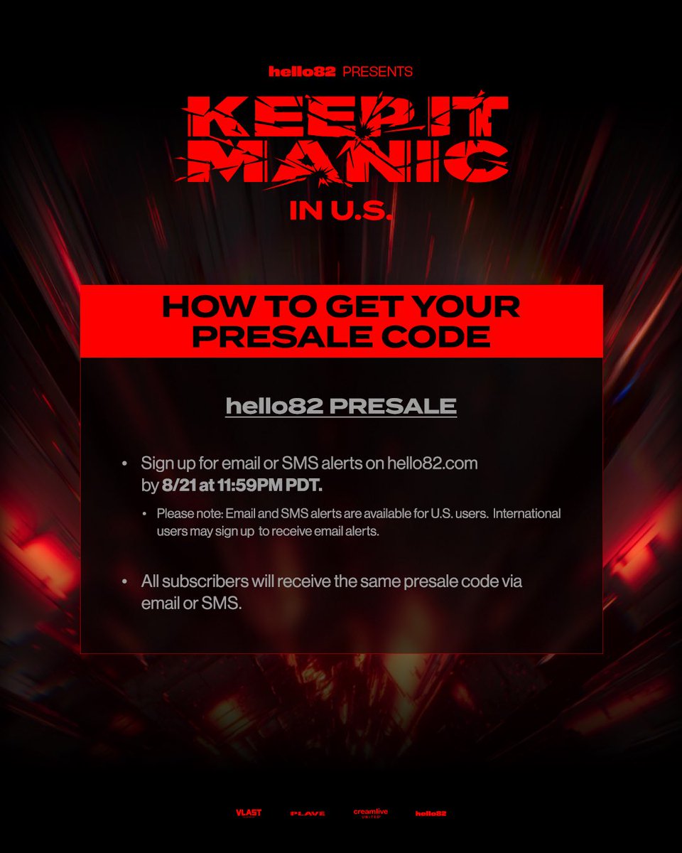 hello82PRESENTS's tweet photo. [📢] SALES SCHEDULE & TICKET GUIDE
PLLI, get ready to grab your tickets for the 2026 PLAVE World Tour [KEEP IT MANIC] IN U.S. 🌟

To sign up for the hello82 Presale, subscribe to email or SMS alerts on https://t.co/DNveXDunIq by 8/21 at 11:59PM PDT.

International Subscription (Email):
🔗https://t.co/5T56Z5cC9d
U.S. Subscription (Email and SMS):
🔗https://t.co/nHFkkRvpYV
*Email and SMS alerts are available for U.S. users. International users may sign up to receive email alerts.

@plave_official 
#PLAVE #플레이브 #2026_PLAVE_World_Tour #KEEP_IT_MANIC #KEEP_IT_MANIC_in_US #2026_PLAVE_World_Tour_in_US #hello82 #hello82PRESENTS