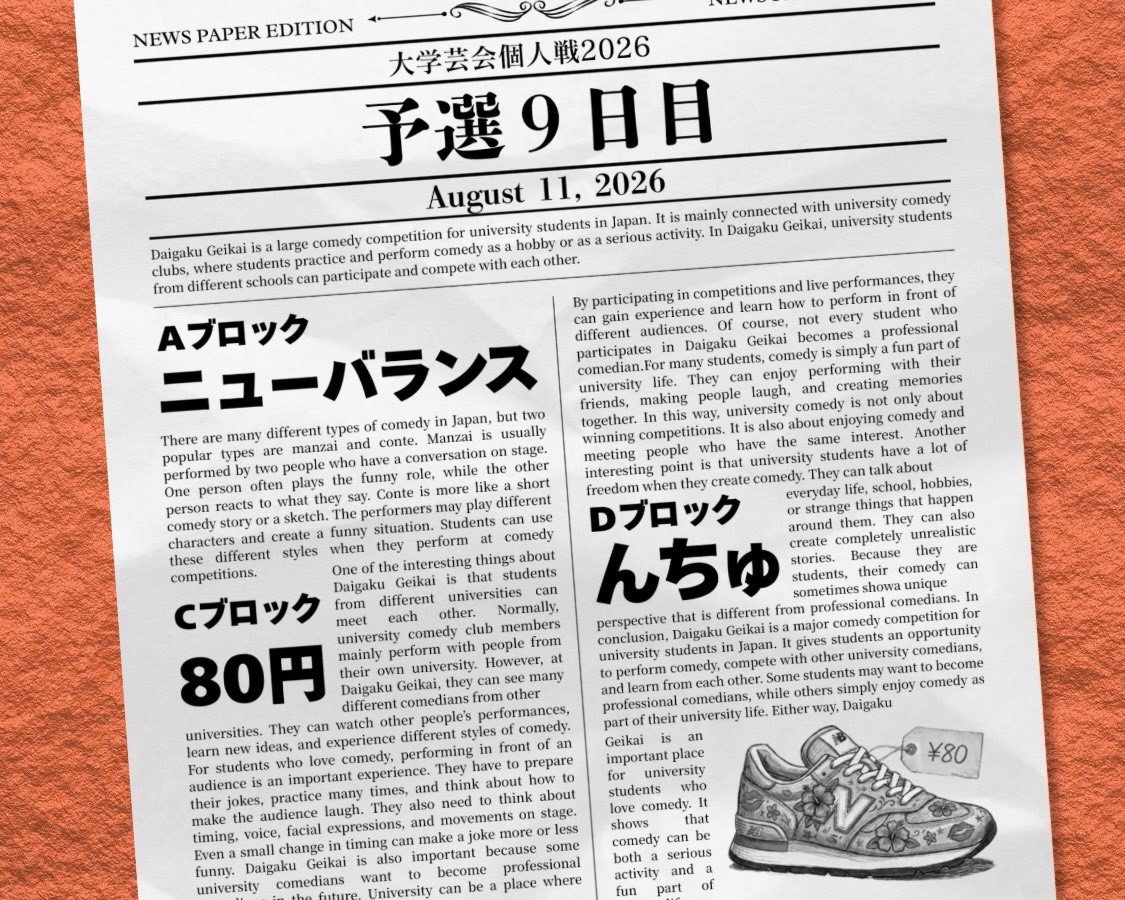 ynu_owarai_wkb's tweet photo. 【🔥告知🔥】

本日行われる「大学芸会2026 予選9日目」に当サークルから以下のユニットが出場いたします⚔️

👟ニューバランス（Aブロック）👟

💰80円（Bブロック）💰

🌴んちゅ（Dブロック）🌴

応援よろしくお願いいたしますꉂꉂ📣 https://t.co/MF46oc1Ckh