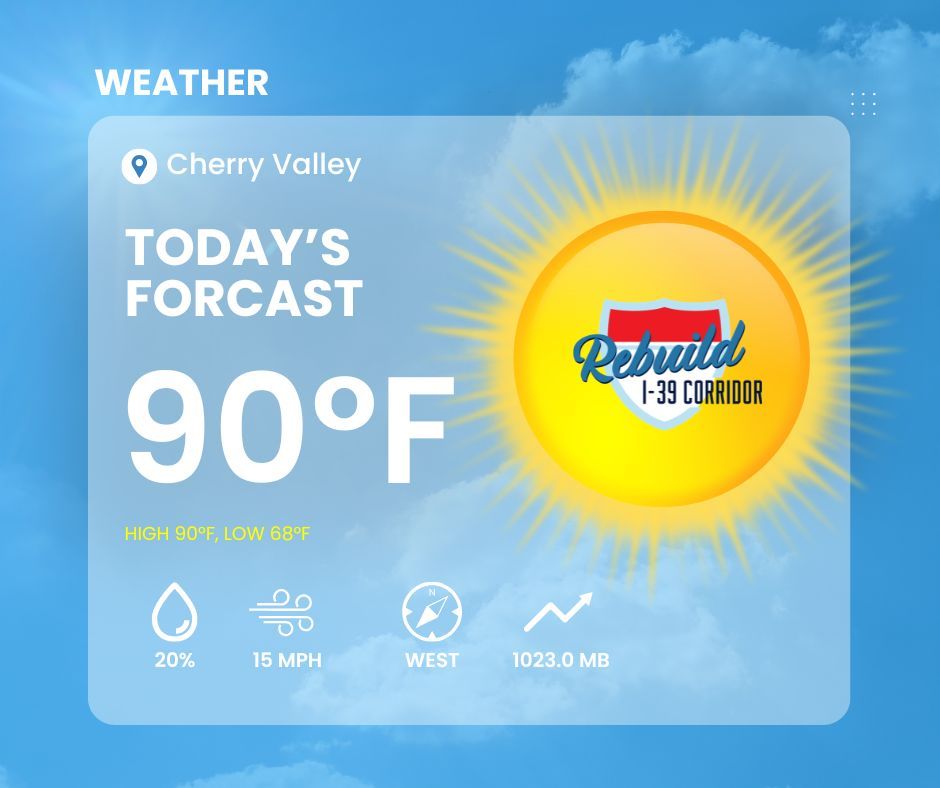 RebuildI39's tweet photo. 🌤️August construction forecast: 
100% chance of work
High probability of progress
Occasional delays
A strong possibility of improved infrastructure. #RebuildI39 https://t.co/YYUhtbMsVL https://t.co/IcC7UuG4uw