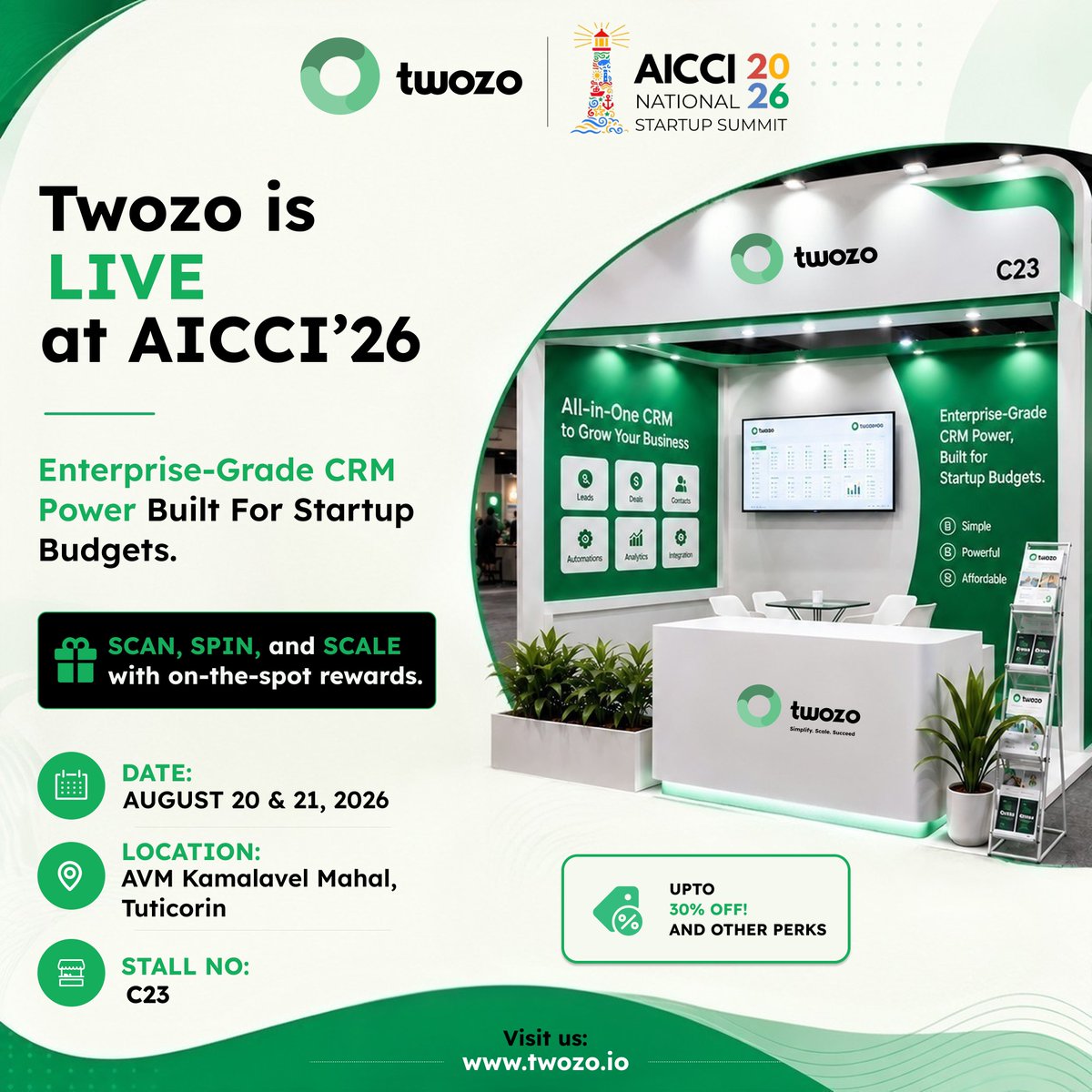 TwozoCRM's tweet photo. Twozo is LIVE at AICCI 26!

Visit Stall C23 on Aug 20–21 at AVM Kamalavel Mahal, Tuticorin. Get up to 30% OFF + exciting spot rewards!

Book a demo: https://t.co/HvAzWEOYSX

#TwozoCRM #AICCI26 #StartupCRM https://t.co/9X5Hy7fMpS
