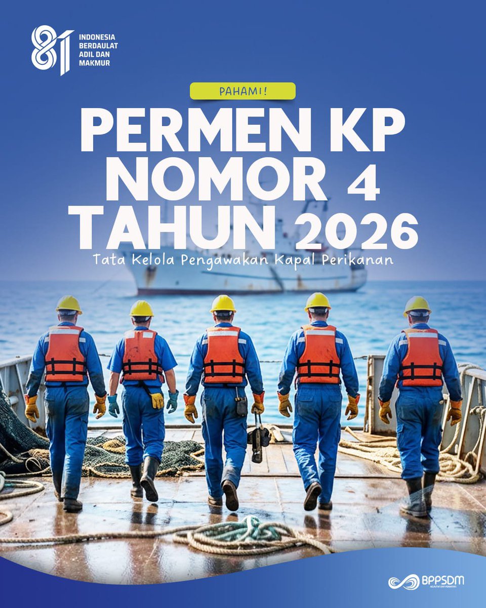 bppsdmpkpbitung's tweet photo. Kompeten, tersertifikasi, profesional!

Menjadi #AKP profesional membutuhkan kompetensi terukur &amp; sesuai standar. YUK, pahami! PERMEN KP No. 4 Thn 2026 sbg acuan terbaru dlm tata kelola pengawakan kapal perikanan

#SertifikasiKP #KKPGOID #SaktiWahyuTrenggono @kkpgoid @bppsdm_kp https://t.co/hS1Z5adKCV
