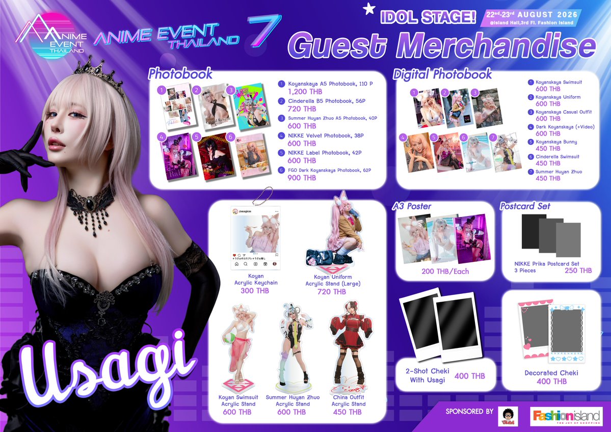 anime_event_th's tweet photo. 💖 Usagi — SPECIAL MERCHANDISE 💖
เสน่ห์ของ @usagicos กำลังจะมาอยู่ในมือคุณ… 💋✨
พบกับ Exclusive Merchandise ที่จะพาความสวยและเสน่ห์ของ Usagi มาให้แฟน ๆ ได้เก็บสะสม
 เตรียมเลือกไอเทมที่คุณชื่นชอบ แล้วพาความประทับใจจาก Usagi กลับบ้านไปด้วยกัน ❤️‍🔥
ห้ามพลาด! แล้วมาพบกับ Usagi ที่ Anime Event Thailand 7 ✨
Let Usagi’s beauty and charm captivate you… 💋✨
Discover the Exclusive Merchandise featuring Usagi, specially prepared for her fans.
Pick your favorite pieces and take home a little of Usagi’s charm from Anime Event Thailand 7. ❤️‍🔥
Don’t miss out — come meet Usagiat Anime Event Thailand 7! ✨
🎫 ซื้อบัตรเข้างาน / Get Your Entry Ticket
🎫บัตรมินิคอนเสิร์ต Machico / Join Machico Mini Concert
https://t.co/qtkODdYHlw
- Anime Event Thailand 7 -
August 22-23, 2026
Island Hall, 3rd Fl., Fashion Island
MRT Pink Line, Outer Ring Road–Ram Inthra station (PK25), Exit 2
#AnimeEventThailand #AET7 #Anime #CosplayOK #Cosplay #PopCulture #คอสเพลย์ #การ์ตูน #อนิเมะ #งานอีเว้นท์ #สินค้าทำมือ #coverdance #idol #VTuberTH