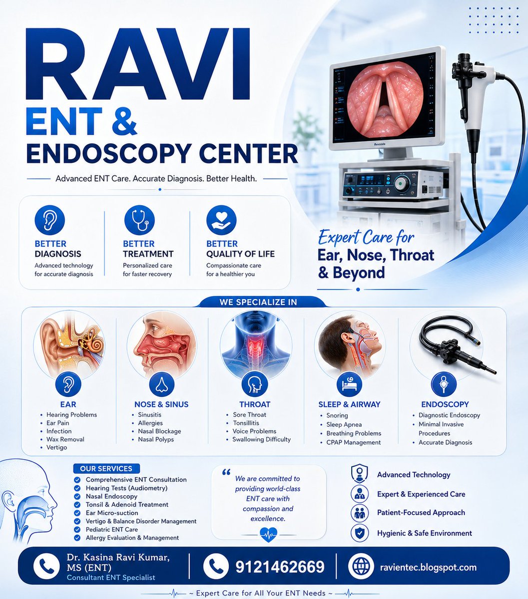 ravientec's tweet photo. 👨‍⚕️Dr. Kasina Ravi Kumar, MS (ENT)
📞9121462669
🌐  https://t.co/w0wQGZ9JCw 

Advanced care. Accurate diagnosis. Better health.

#RaviENT #ENTSpecialist #EarNoseThroat #HearingCare #SinusTreatment #AllergyCare #ENTDoctor https://t.co/vlgR8gQaXH