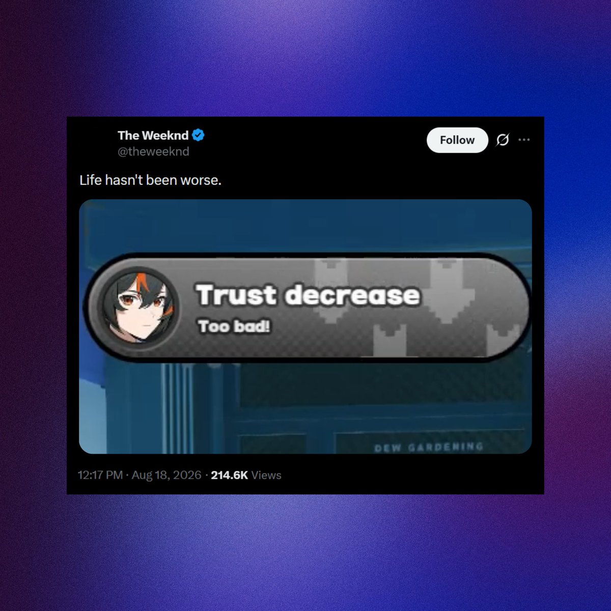 PopEridu's tweet photo. The Weeknd reveals that he has gotten a trust decrease in one of Zhu Yuan's trust events.

"Life hasn't been worse." https://t.co/Rv8P06GGs6