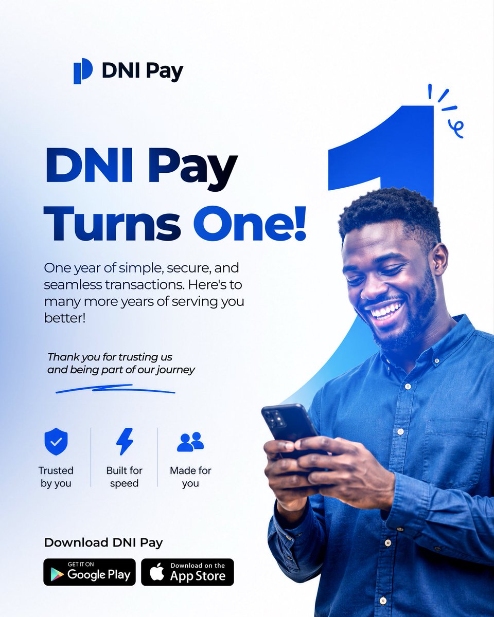 mydniapp's tweet photo. DNI Pay turns ONE! 

One year of simple, secure, and seamless transactions.

Thank you for trusting us and being part of our journey. Here’s to many more years of serving you better!

Happy 1st Anniversary, DNI Pay! https://t.co/YpINnqlgmL