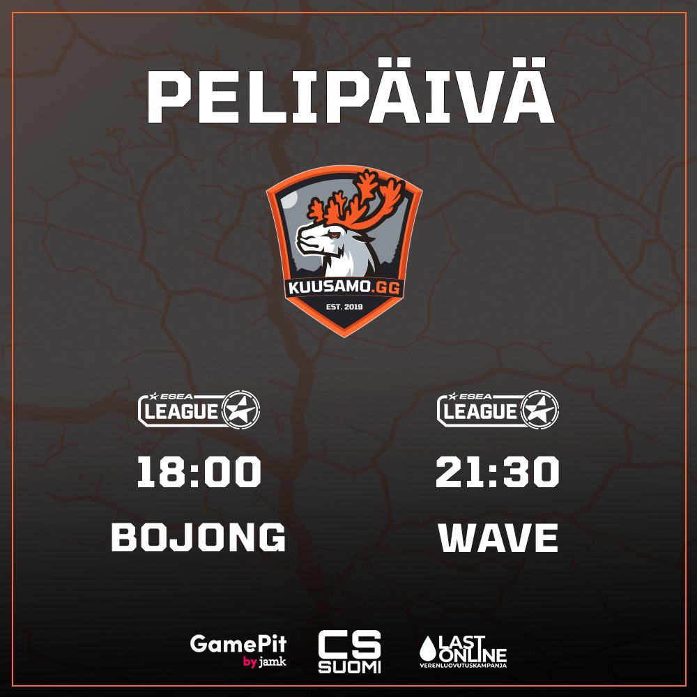 KUUSAMOgg's tweet photo. Never stop the madness ja suomivihu taas.

🏆 ESEA Advanced
🆚 BOJONG
⏰ 18:00

🏆 ESEA Advanced
🆚 WAVE Esports
⏰ 21:30

📺 https://t.co/XxPQoL2zrq 
🎙️ @KallePiispa

#KUUSAMOgg #esportsfi #cs2fi https://t.co/INdqwnBfRG