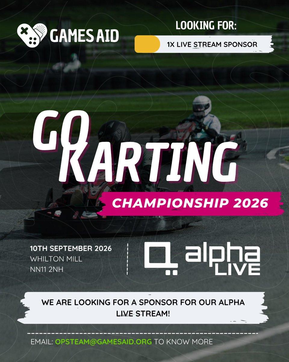 GamesAid's tweet photo. 🏎️ Only 3 weeks to go until the GamesAid Go Karting Championship 2026!

We’re looking for a sponsor for our live stream, giving audiences the chance to follow the action, cheer on their teams and get involved in the chat.

https://t.co/RMRqVx8yyu https://t.co/h6lGUzgfjI