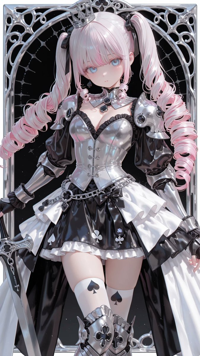 AliceLavli's tweet photo. スペードモチーフの甲冑ドレスの衣装プロンプトをどうぞ✨
black and white spade-queen armor dress, fitted black-and-white corset bodice, curved sweetheart neckline, white center panel with black crisscross lacing, black side panels with silver piping and visible boning seams, high silver armored collar with a black spade gemstone at the center, rounded white shoulder armor decorated with large black spade emblems, black-and-silver engraved borders and short black ruffled edges, silver forearm bracers, white fingerless gauntlets with black spade symbols, segmented black hip armor with silver edging, short voluminous high-low skirt, pointed alternating black and white overskirt panels decorated with black and white spade, club and cross motifs, layered gray and white ruffled underskirt, long black pointed back panels forming a dramatic split train, silver chain belt around the waist, white knee-high stockings with small black spade emblems, black-and-silver armored boot cuffs, small dark silver crown with black gemstone details and long black ribbon tails, strict jet-black, pure white and metallic silver palette, symmetrical card-suit ornament placement
