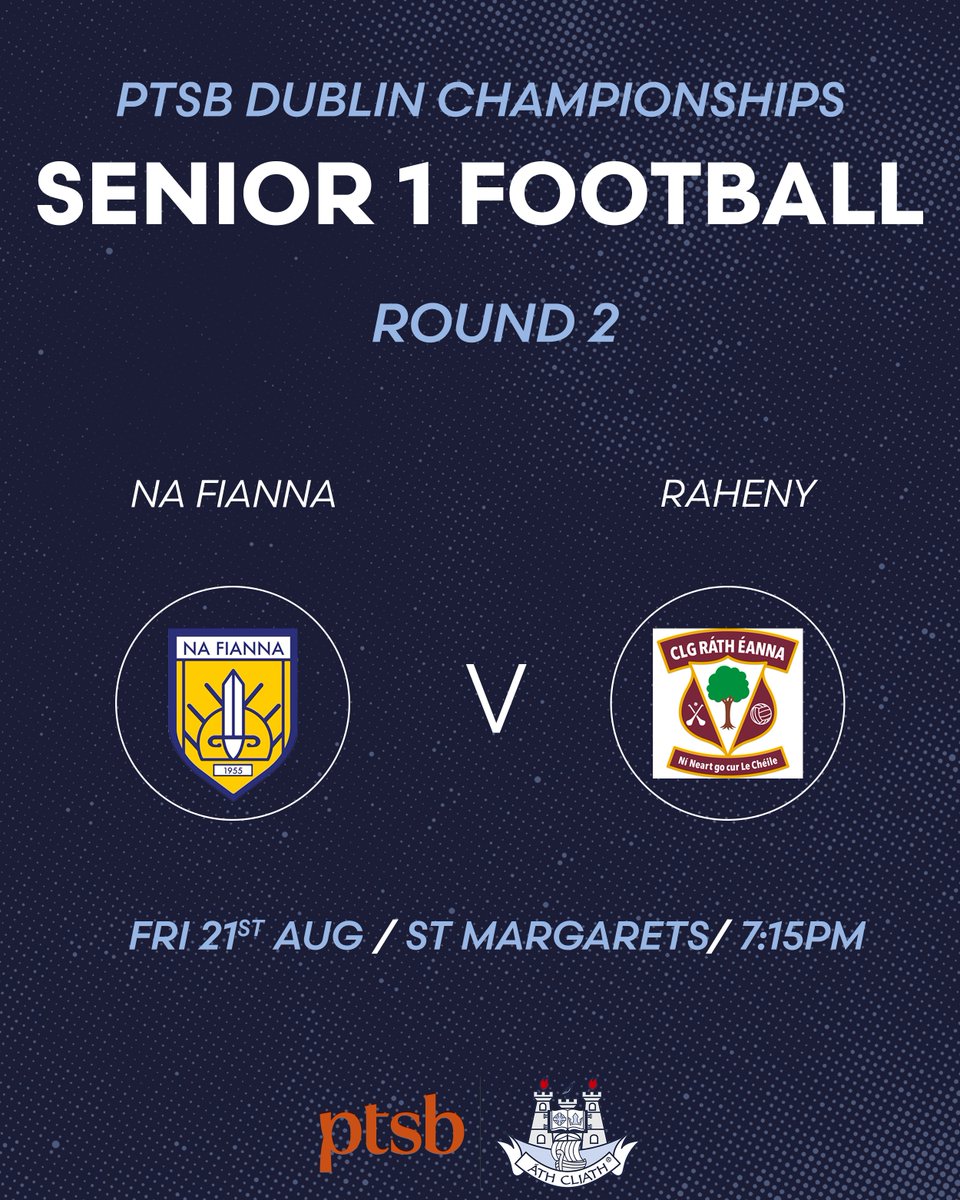 DubGAAOfficial's tweet photo. This evening Na Fianna take on Raheny in St Margarets in the PTSB Dublin Senior 1 Football Championship 🤩

- @clgNaFianna v @RahenyGAA

Match tickets: https://t.co/1HIJ1UPHz9

#PTSBchampionships https://t.co/wF4sfz9hRK
