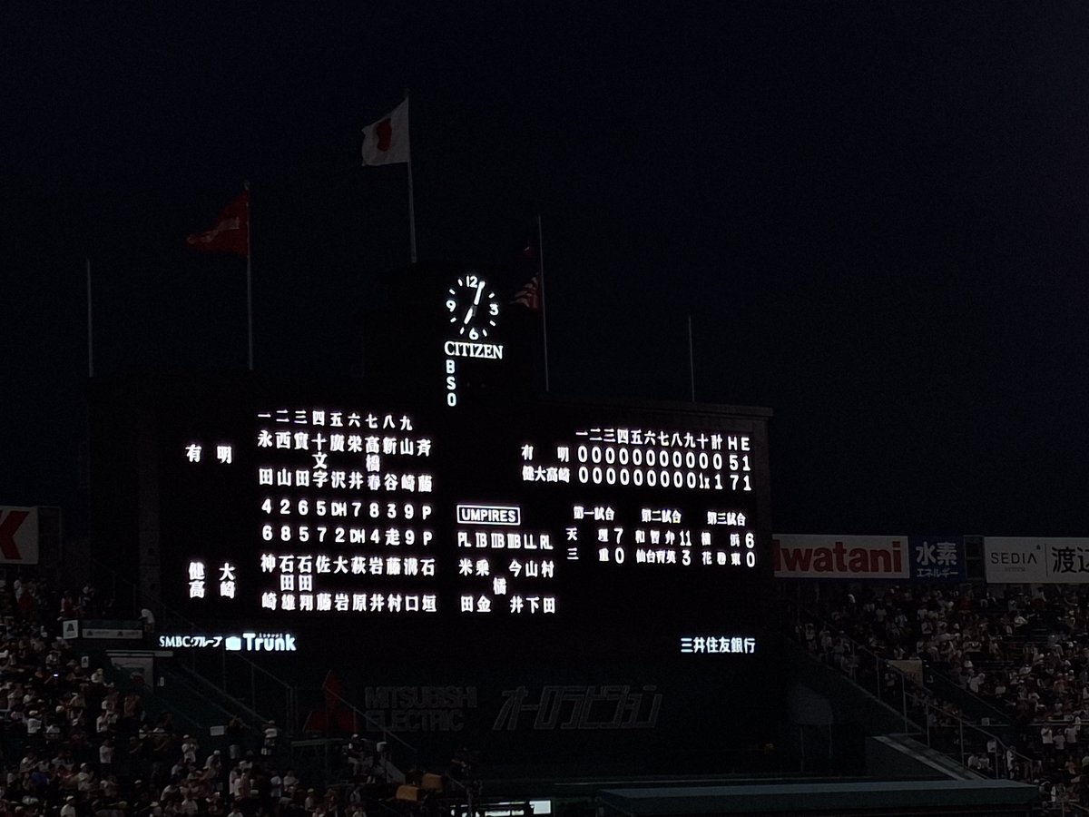 kmmt5589's tweet photo. 第108回全国高校野球選手権大会
熊本県勢今日の試合結果

有明－高崎健康福祉大学高崎
有明 ０００ ０００ ０００ ０＝０
健大 ０００ ０００ ０００ １＝１
延長10回タイブレーク

本当に素晴らしい試合でした。
初出場でベスト8！！
胸を張って帰ってきてください！！ https://t.co/3JFkSdA0Pn