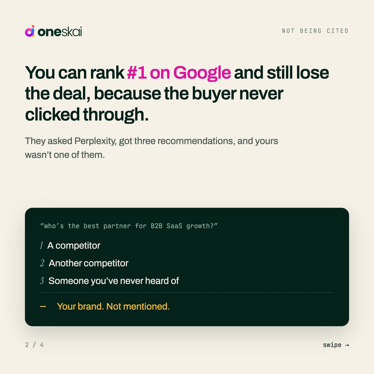 oneskaisol's tweet photo. Your buyer isn’t just asking Google anymore.

They’re asking ChatGPT, Perplexity, Gemini, and Google AI Overviews:
“Who’s the best partner for B2B SaaS growth?”

And if your brand isn’t part of the answer, strong Google rankings alone may not be enough. https://t.co/kS0nixvCrM