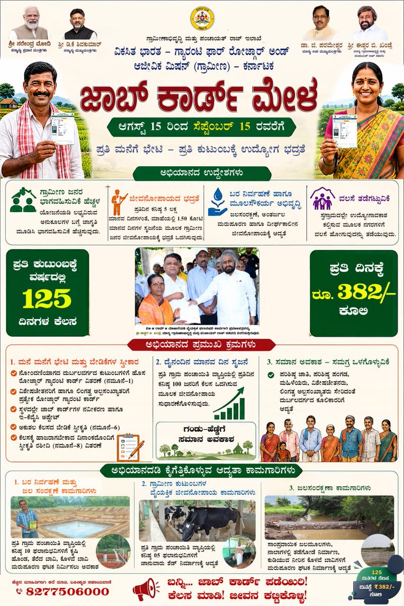 EMudalagi's tweet photo. @VBGRAMGKAR @MgnregsB 
🌾 ಜಾಬ್ ಕಾರ್ಡ್ ಮೇಳ | ಆಗಸ್ಟ್ 15–ಸೆಪ್ಟೆಂಬರ್ 15  📷 ಪ್ರತಿ ಮನೆಗೆ ಭೇಟಿ – ಪ್ರತಿ ಕುಟುಂಬಕ್ಕೆ ಉದ್ಯೋಗ ಭದ್ರತೆ 📷 ಉದ್ಯೋಗ ಬೇಡಿಕೆಗಳ ಸ್ವೀಕಾರ 📷 ಸಮಾನ ಉದ್ಯೋಗ ಅವಕಾಶ 📷 ವರ್ಷದಲ್ಲಿ 125 ದಿನಗಳವರೆಗೆ ಕೆಲಸ 📷 ದಿನಕ್ಕೆ ರೂ.382/- ಕೂಲಿ  ಬನ್ನಿ…ಜಾಬ್ ಕಾರ್ಡ್ ಪಡೆಯಿರಿ!  ⏳💰 https://t.co/Iibm6wXjhD