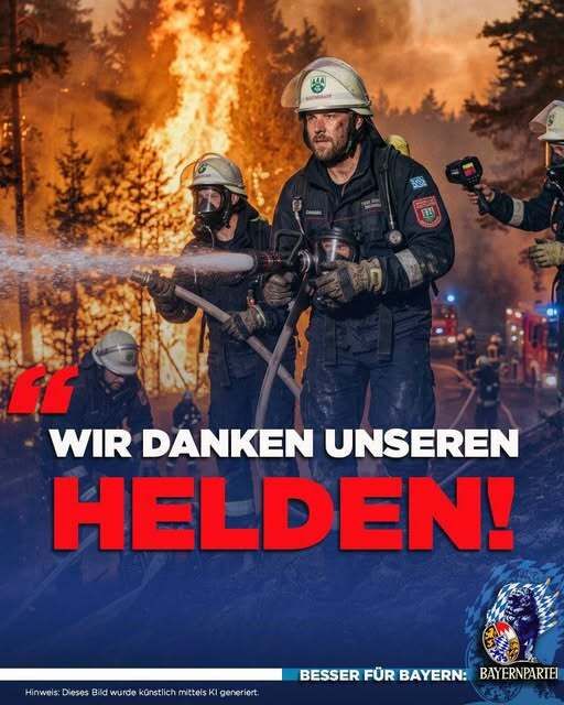 Bayernpartei's tweet photo. DANKE AN UNSERE EINSATZKRÄFTE! 🚒🤍💙 Ob Waldbrand, Unfall oder Rettungseinsatz: #Feuerwehren, #THW und #Rettungsdienste sind da, wenn Bayern sie braucht. Für euren Mut, eure Zeit und euren Dienst an unserer Heimat: Vergelt’s Gott! 🙏 #Bayernpartei #Ehrenamt
(Bild KI-generiert) https://t.co/klztPr0nIM